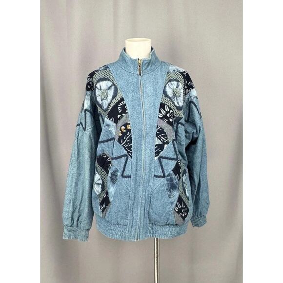 Vtg LIM'S Demin Jacket Womens Small Blue Patchwork Whimsygoth Art to Wear USA - Picture 1 of 8
